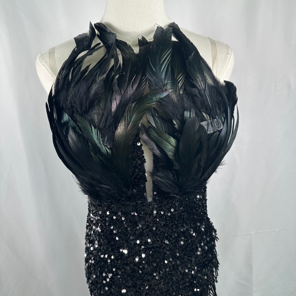 Fashion Nova Luxe Sequin Feather Maxi Dress M Black High Slit Prom Evening Gown
